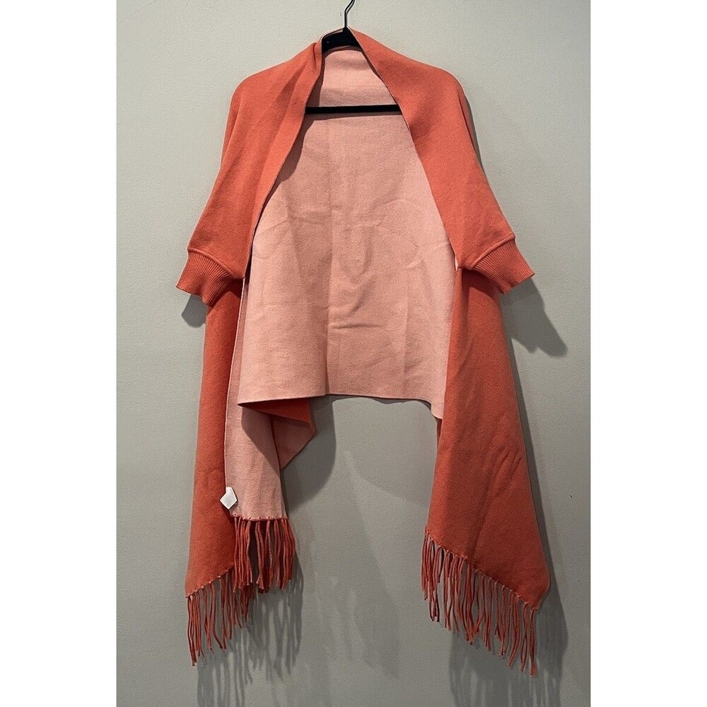 Mer Sea Travel Wrap One Size Sweater Fringe Orange Coral‎ Shawl Fitted Sleeve